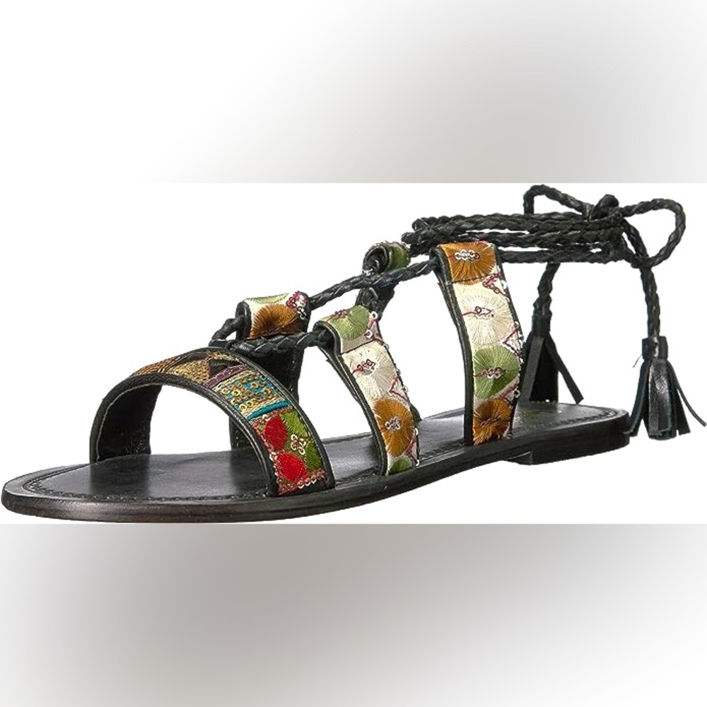NIB Women’s Seychelles In Flight Flat Sandals Embroidered Straps Black Size 7‎
